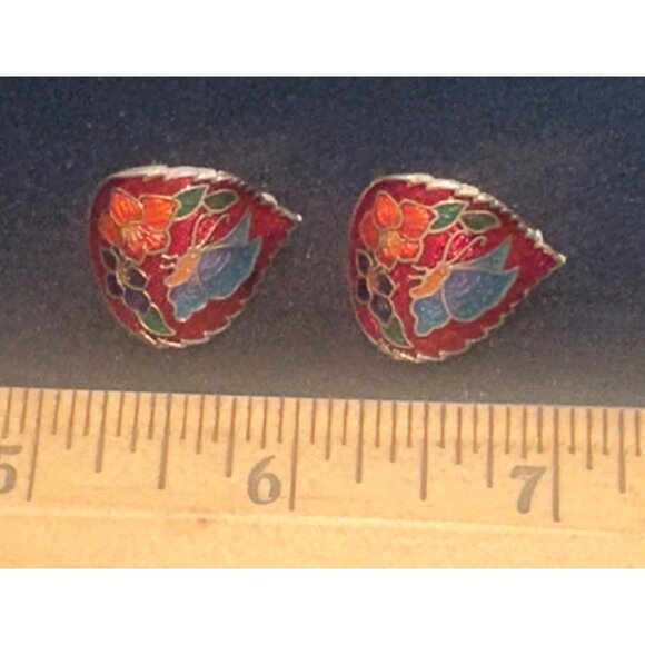 Vintage Pierced Cloisonné Teardrop Earrings With Enamel Floral Design - Picture 4 of 4